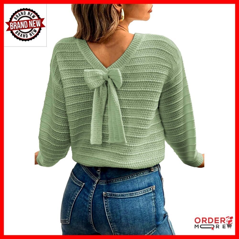 Long Sleeve Pullover Sweater with Back Bow Knot, Round Neck, Knit Top